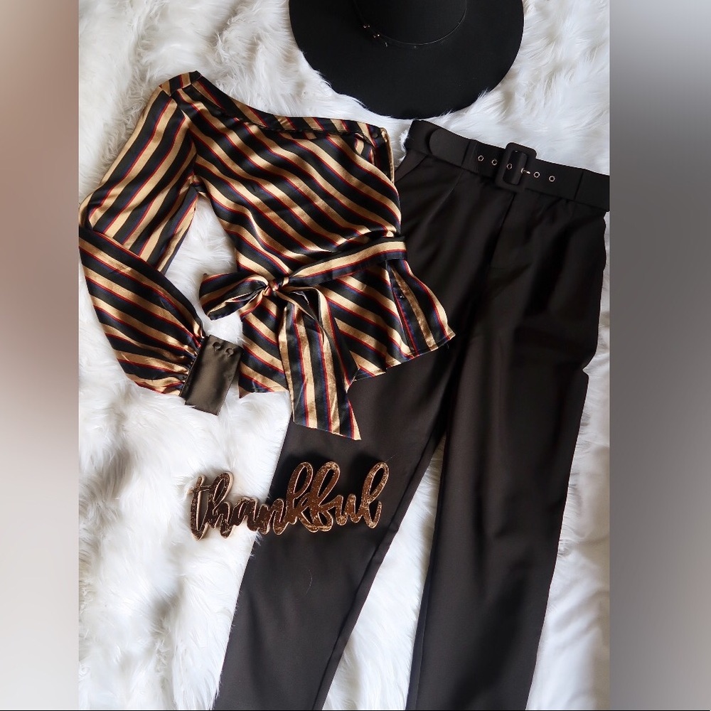 MILA- Timeless One-Shoulder Gold Top with Stripes